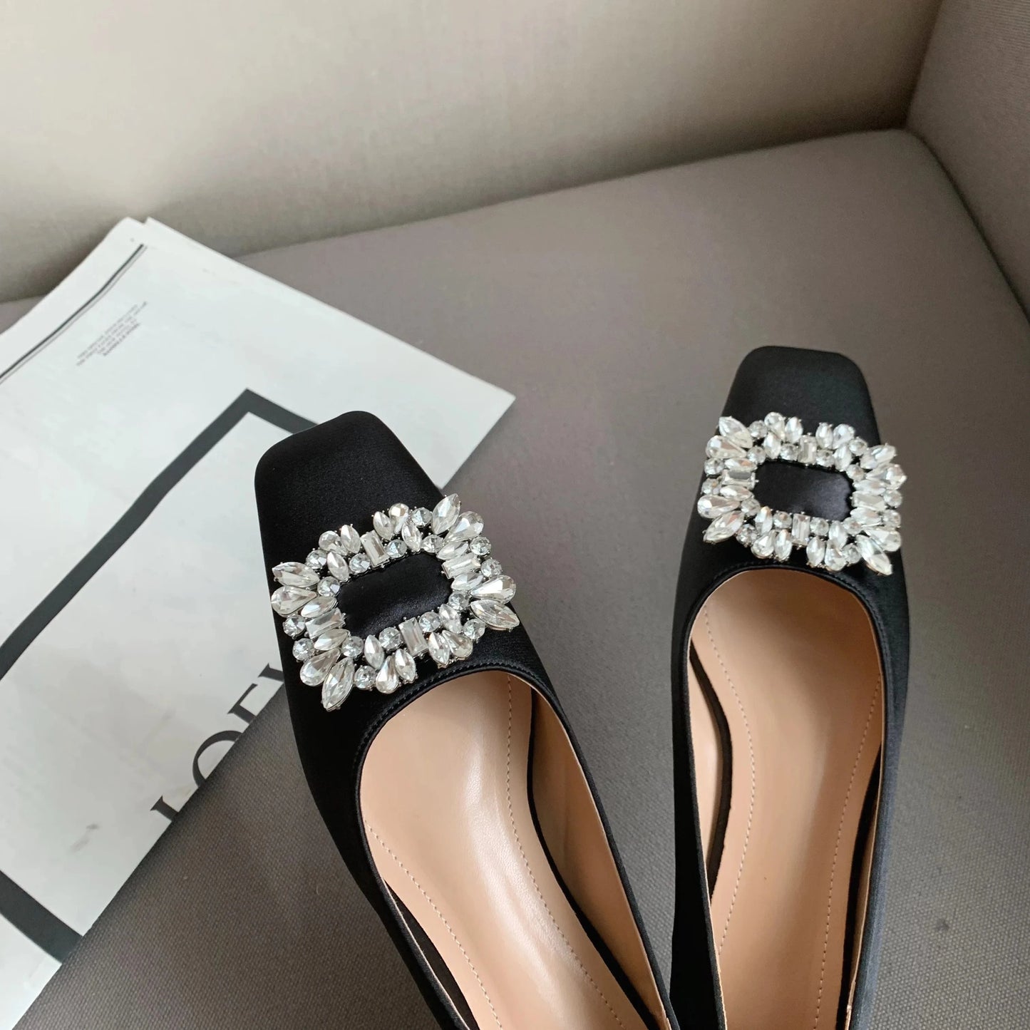 2023 new bottom heel square head rhinestone retro Mary Jane shallow mouth women's shoes