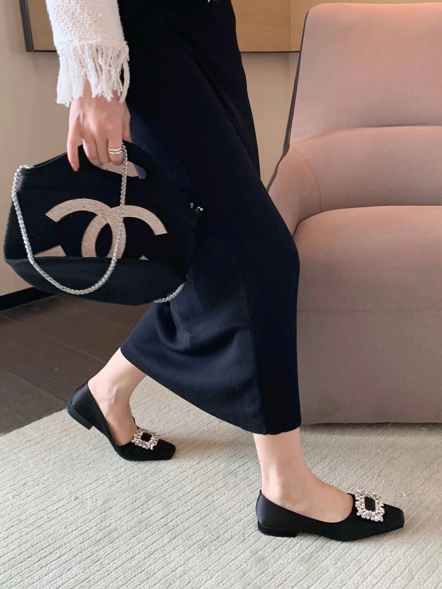 2023 new bottom heel square head rhinestone retro Mary Jane shallow mouth women's shoes