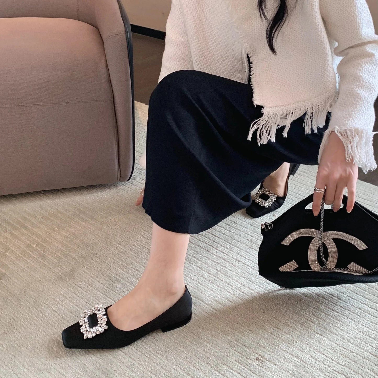 2023 new bottom heel square head rhinestone retro Mary Jane shallow mouth women's shoes