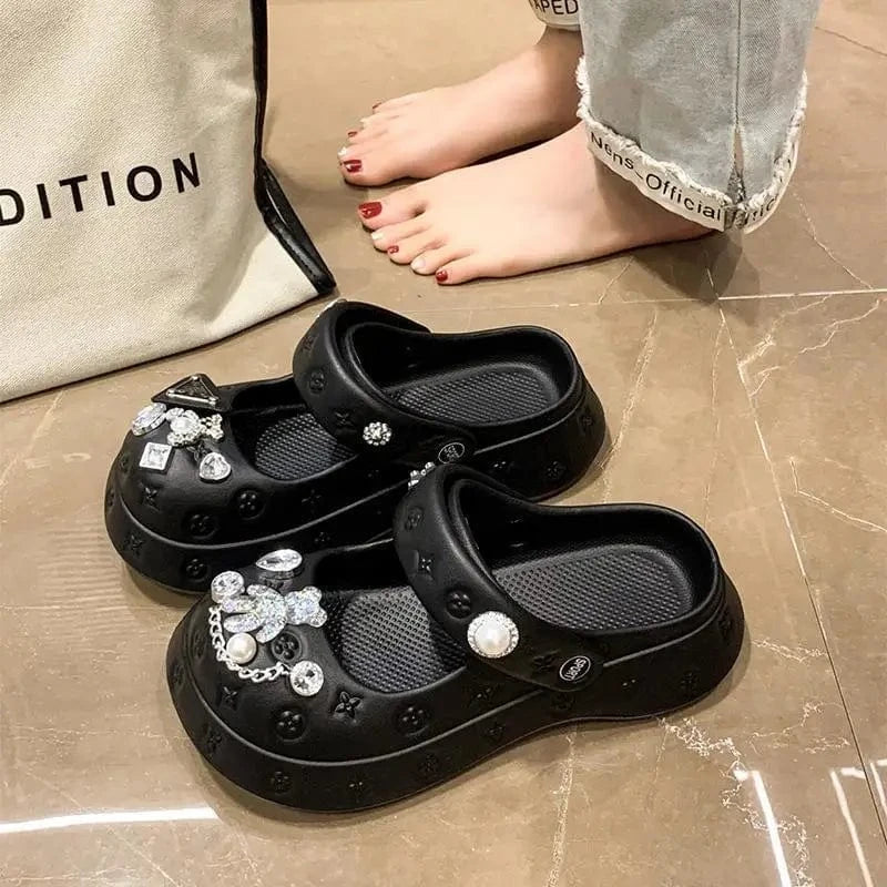 2023 New Fashion Cartoon Decorative Women's Shoes with Hole Shoes Thick Sole Mary Jane Slippers