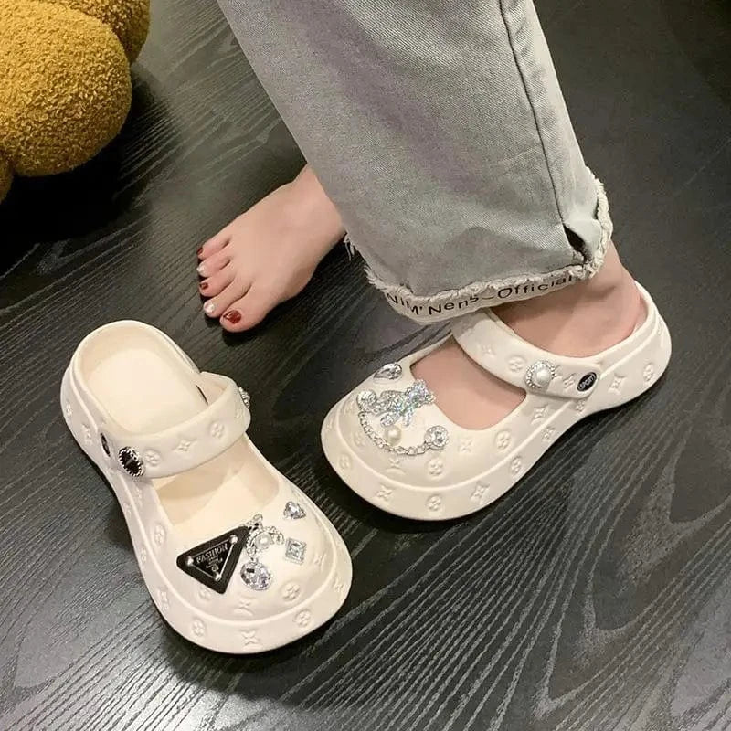 2023 New Fashion Cartoon Decorative Women's Shoes with Hole Shoes Thick Sole Mary Jane Slippers
