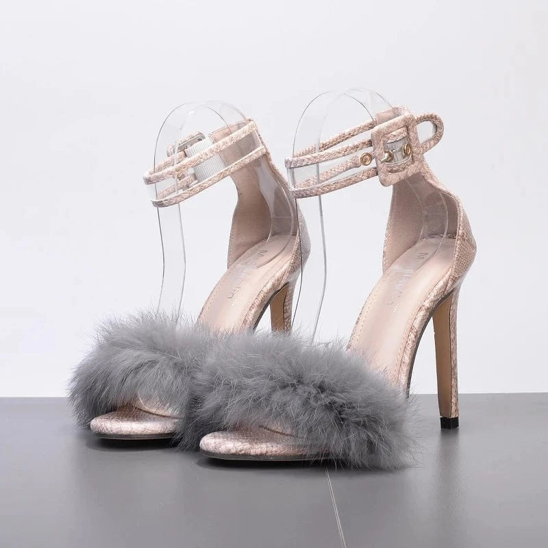 2023 New Fashion Sandales Pour Femmes High Quality Snakeskin High Heels Faux Fur Women Sandals with Size 42