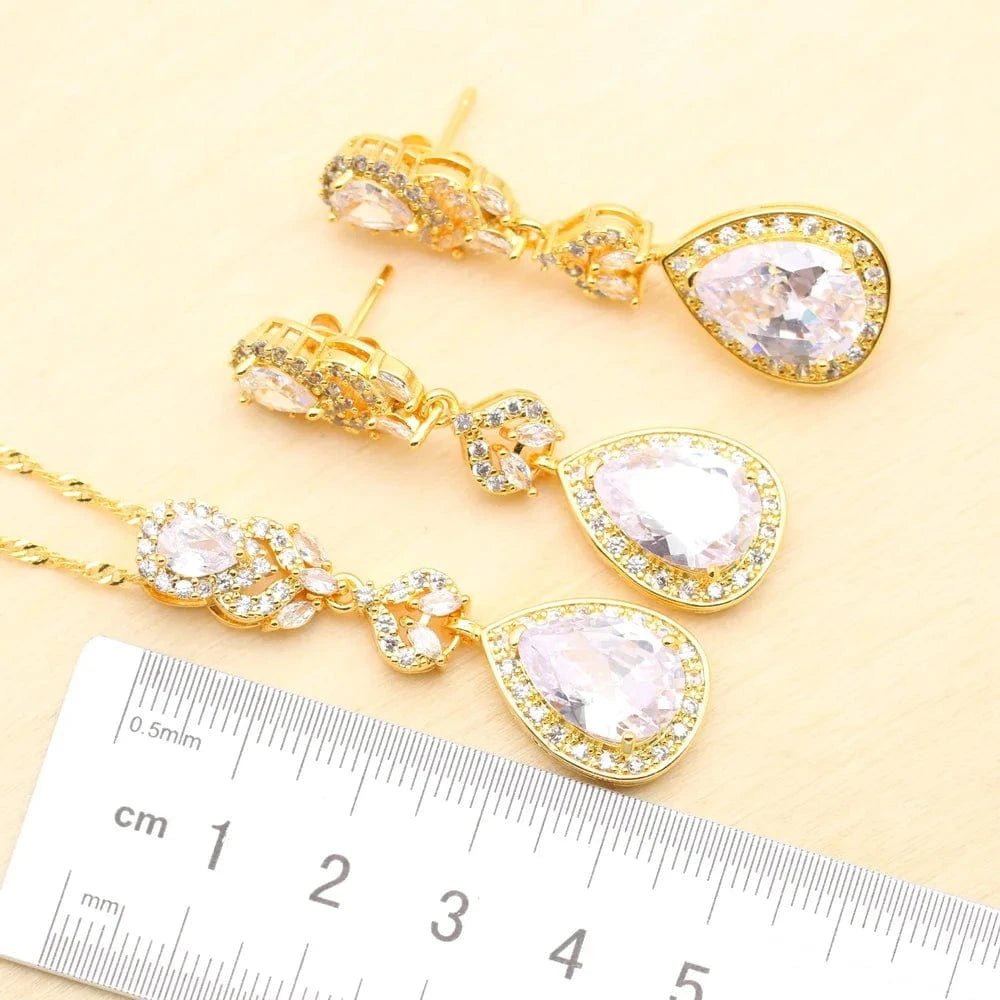 2023 New Gold Color Jewelry Sets For Women Wedding White Zircon Bracelet Earrings Necklace Pendant Ring Gift
