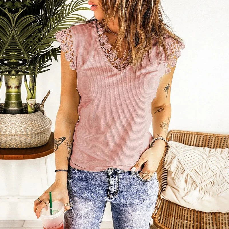 2023 New Wholesale Custom Women Tops Clothing Summer Vest Sexy V-Neck Solid Color Ribbed Lace Tank Top