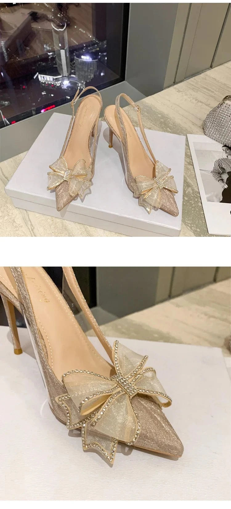 2023 New women pointed toe heels bride ladies wedding shoes thin heels glittering diamond bow knot high heels for ladies