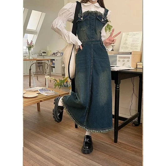 2023 New Women's Spaghetti Strap Denim Strap Two Piece Set Sling Dress Denim Suit Jeans Dress And White Shirt SRetro Denim Dress