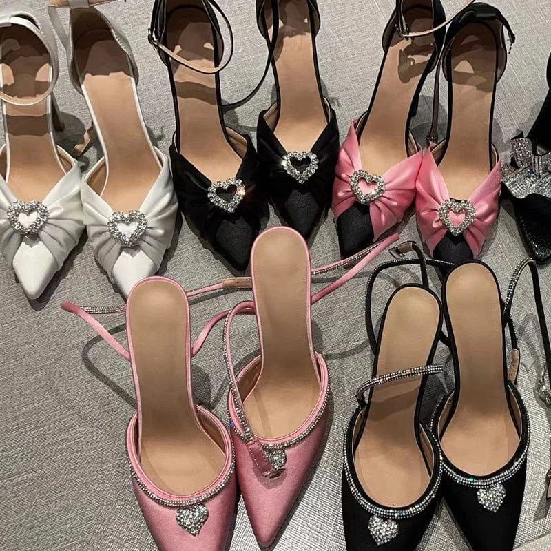 2023 Newest Bow Pleated Lace Sweet Fashion High Heel Sandals 11cm Pointed Rhinestone Women Shoes Size 35-42 Wedding Party Shoes