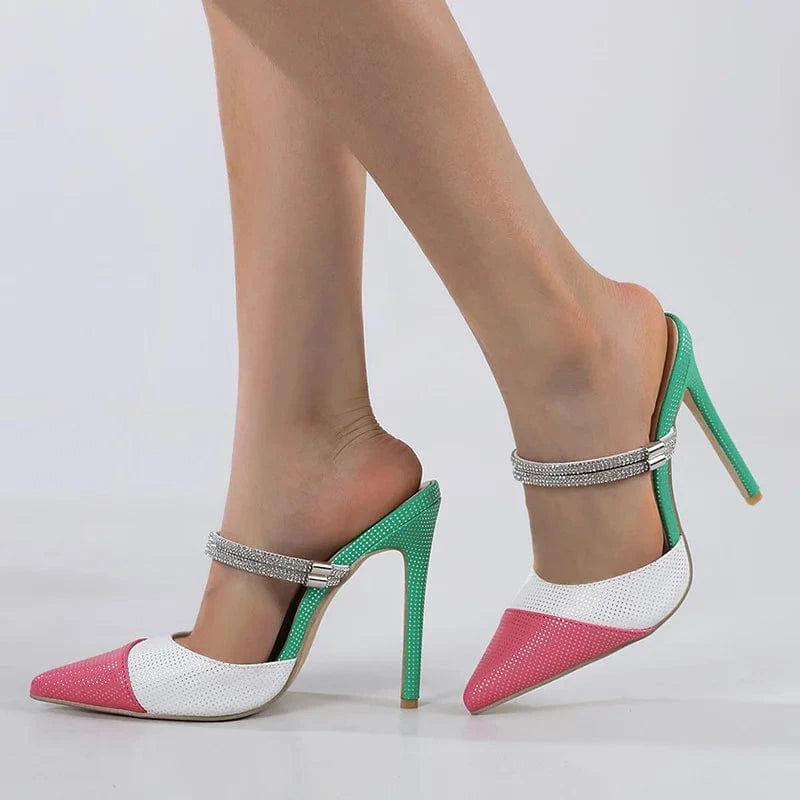 2023 Spring New Rhinestone Two-Way Wear Pointed Toe Ladies Stiletto Banquet Shoes Heels for Women