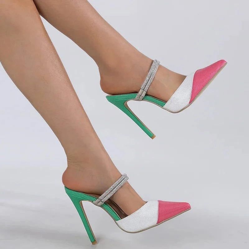 2023 Spring New Rhinestone Two-Way Wear Pointed Toe Ladies Stiletto Banquet Shoes Heels for Women