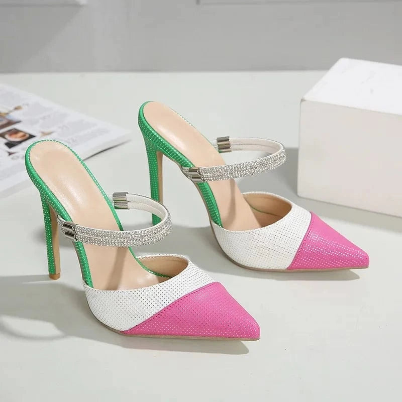 2023 Spring New Rhinestone Two-Way Wear Pointed Toe Ladies Stiletto Banquet Shoes Heels for Women
