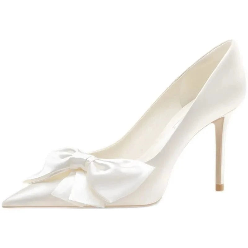 2023 Spring Summer Wedding Shoes White Bowknot High Heels Women's Wedding Shoes Pointed Stiletto Heel Bridal Shoes Pumps