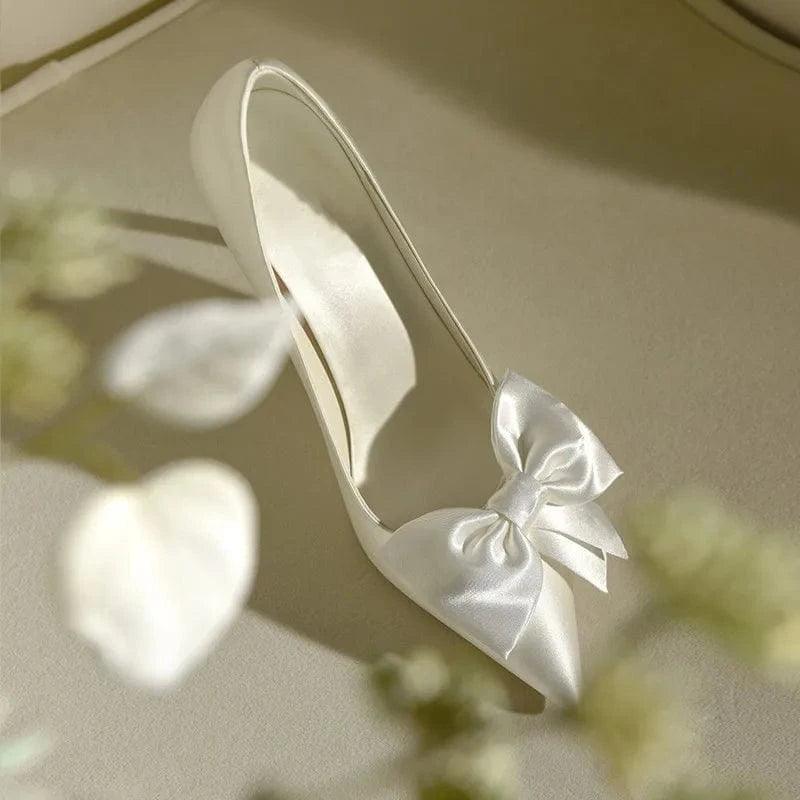 2023 Spring Summer Wedding Shoes White Bowknot High Heels Women's Wedding Shoes Pointed Stiletto Heel Bridal Shoes Pumps