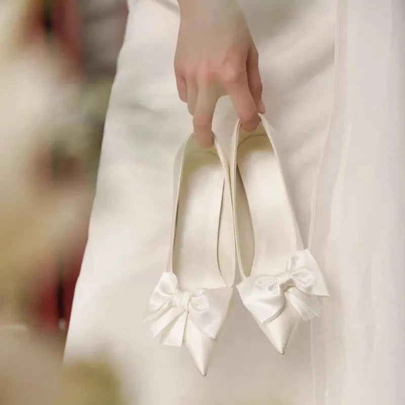2023 Spring Summer Wedding Shoes White Bowknot High Heels Women's Wedding Shoes Pointed Stiletto Heel Bridal Shoes Pumps