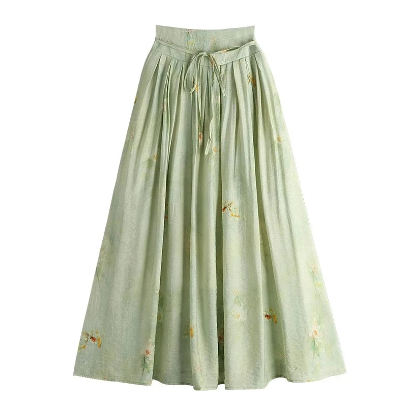 2023 Summer A-line Skirts for Women Floral Printed Vintage Elegant Sashes Long Mid-Calf Pleated Skirt Ladies Sweet Fashion Jupes