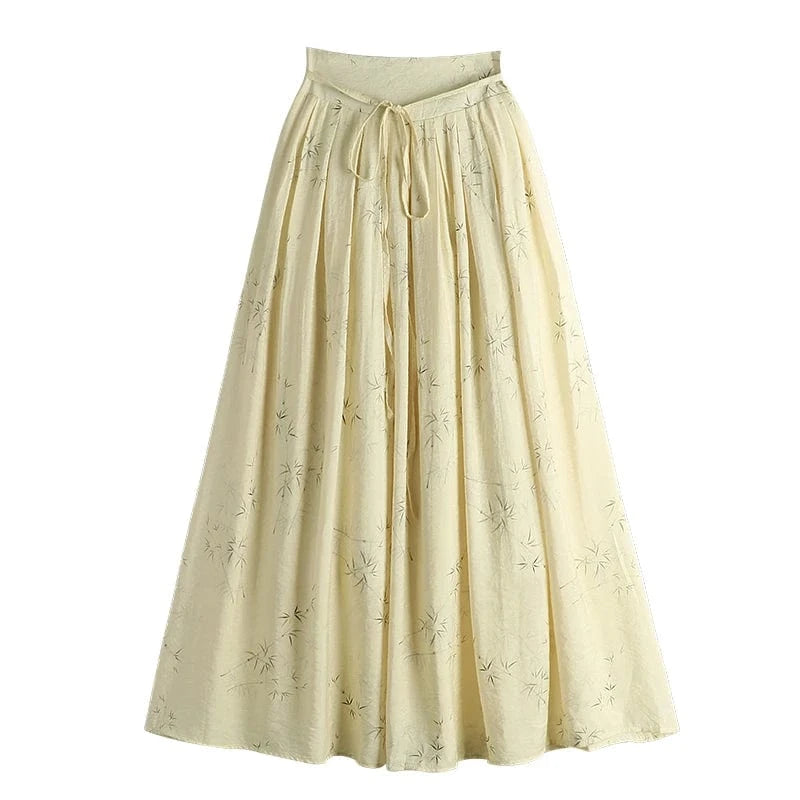2023 Summer A-line Skirts for Women Floral Printed Vintage Elegant Sashes Long Mid-Calf Pleated Skirt Ladies Sweet Fashion Jupes