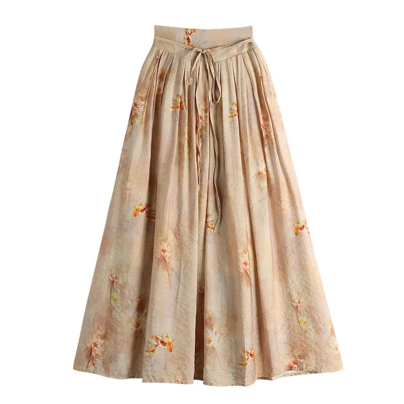 2023 Summer A-line Skirts for Women Floral Printed Vintage Elegant Sashes Long Mid-Calf Pleated Skirt Ladies Sweet Fashion Jupes
