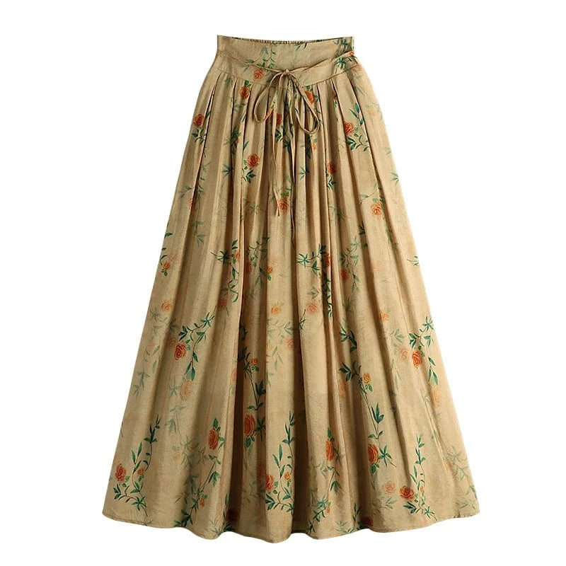 2023 Summer A-line Skirts for Women Floral Printed Vintage Elegant Sashes Long Mid-Calf Pleated Skirt Ladies Sweet Fashion Jupes