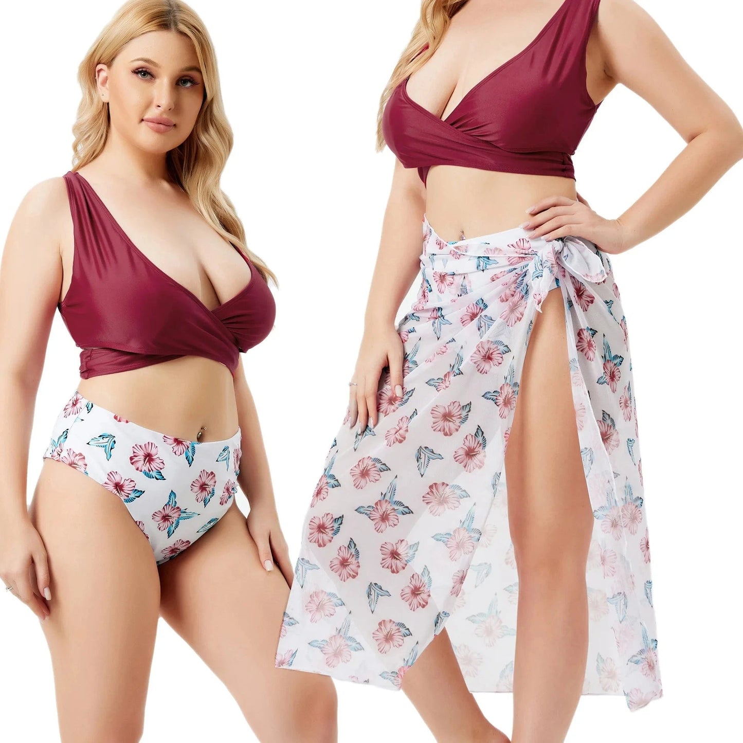 2023 Wholesale Three Piece xxxxl Plus Size Bikini Floral Print Large Swimwear and Beach Cover Up Sexy Big Swimsuits for Women