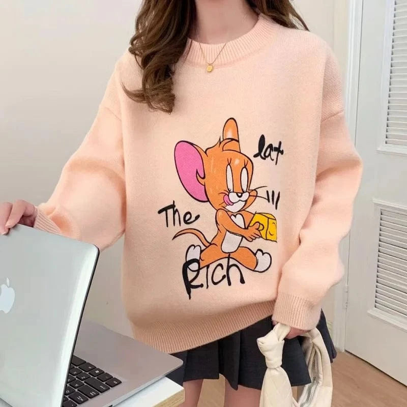 2023 winter fashion ladies new arrival crew-neck printed long-sleeved plus size cartoon pullover sweater