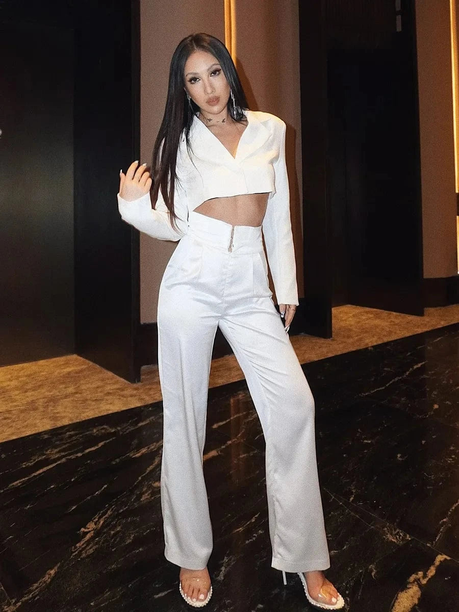 2023 woman fall solid long sleeve sexy crop top and pants women elegant formal office suits blazers wear 2 piece sets for ladies