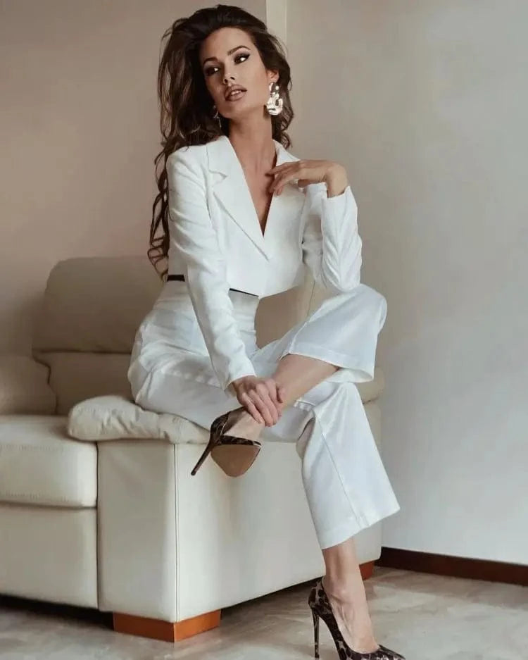2023 woman fall solid long sleeve sexy crop top and pants women elegant formal office suits blazers wear 2 piece sets for ladies