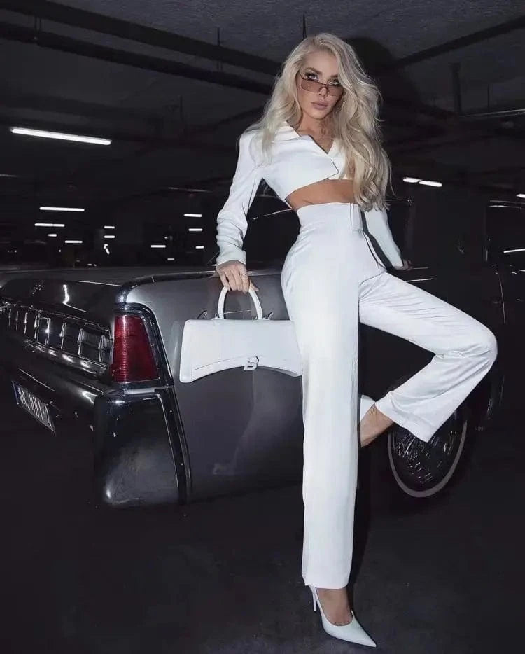 2023 woman fall solid long sleeve sexy crop top and pants women elegant formal office suits blazers wear 2 piece sets for ladies