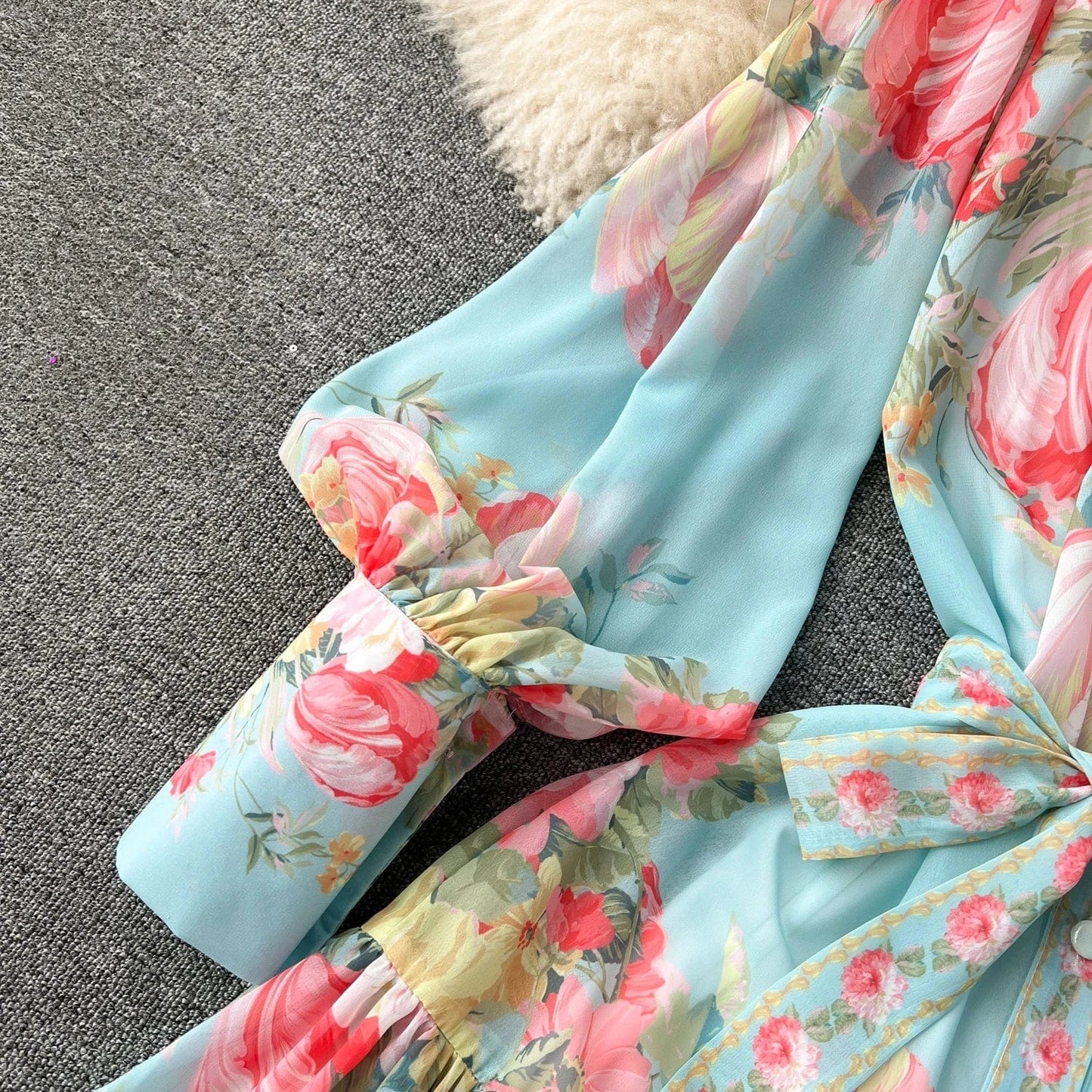 2024 Advanced Luxury Socialite Lantern Long Sleeve Stand Collar Belted Slimming A-line Flower Printed Dress