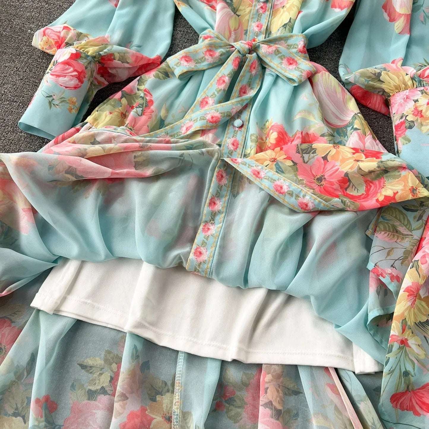 2024 Advanced Luxury Socialite Lantern Long Sleeve Stand Collar Belted Slimming A-line Flower Printed Dress