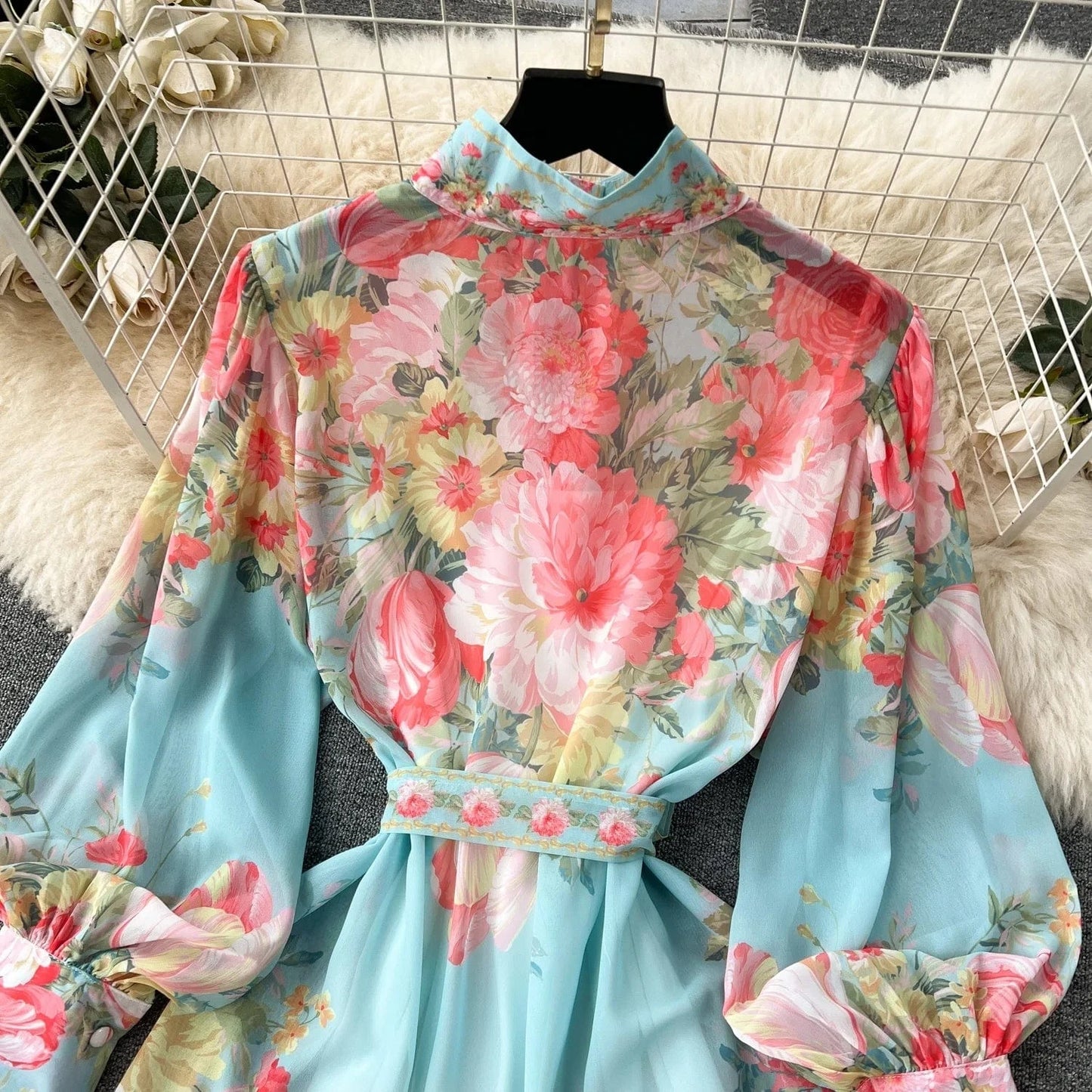 2024 Advanced Luxury Socialite Lantern Long Sleeve Stand Collar Belted Slimming A-line Flower Printed Dress
