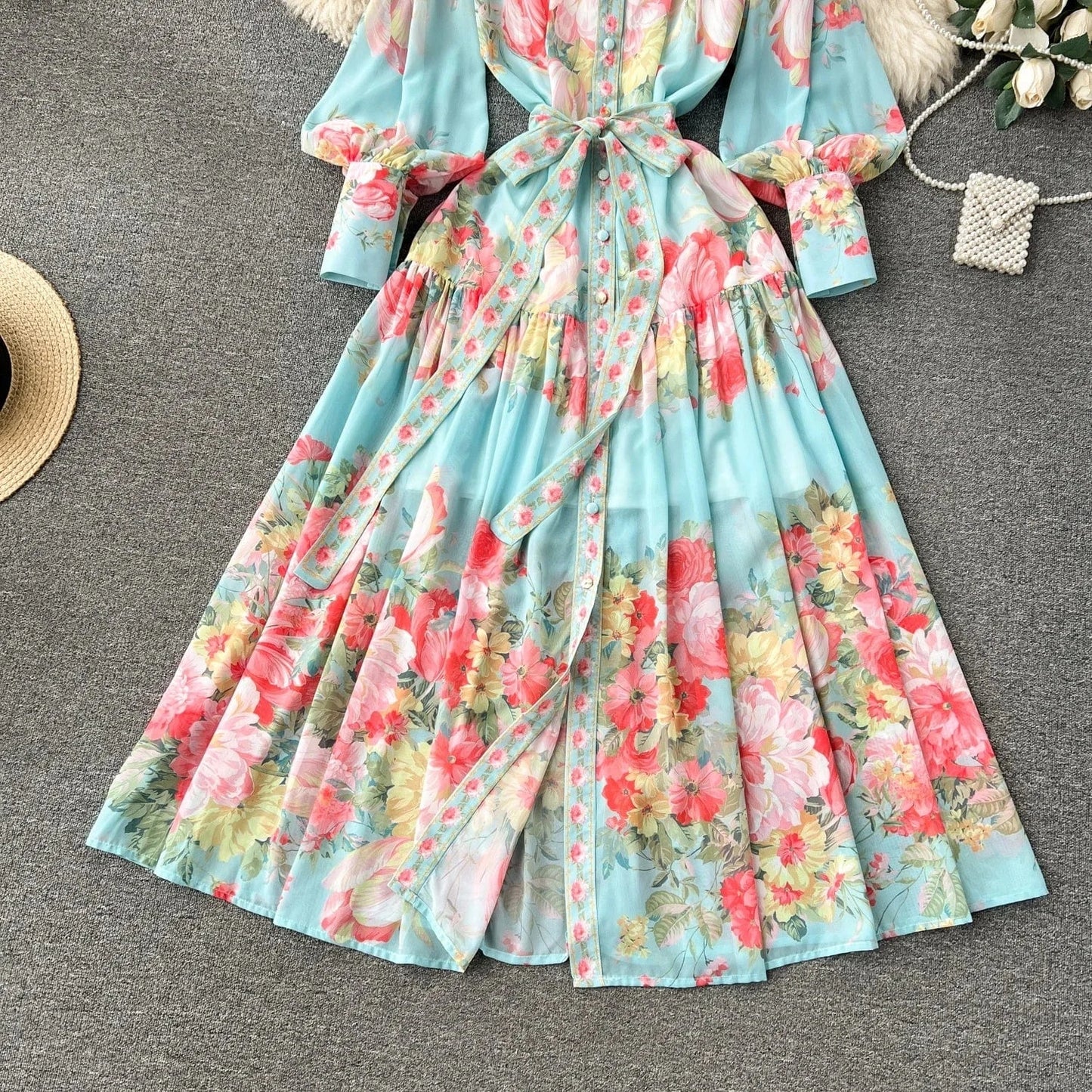 2024 Advanced Luxury Socialite Lantern Long Sleeve Stand Collar Belted Slimming A-line Flower Printed Dress
