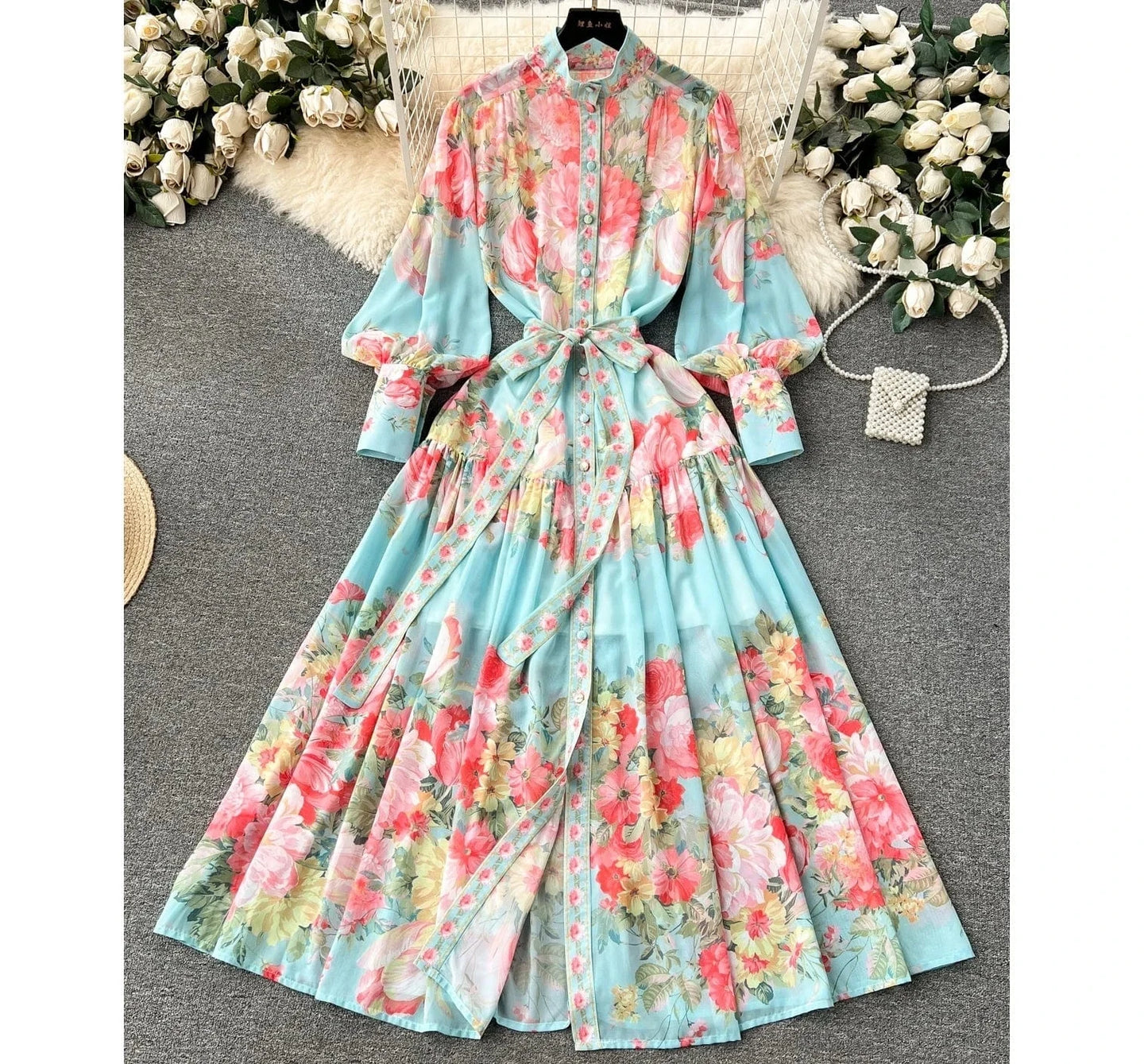 2024 Advanced Luxury Socialite Lantern Long Sleeve Stand Collar Belted Slimming A-line Flower Printed Dress