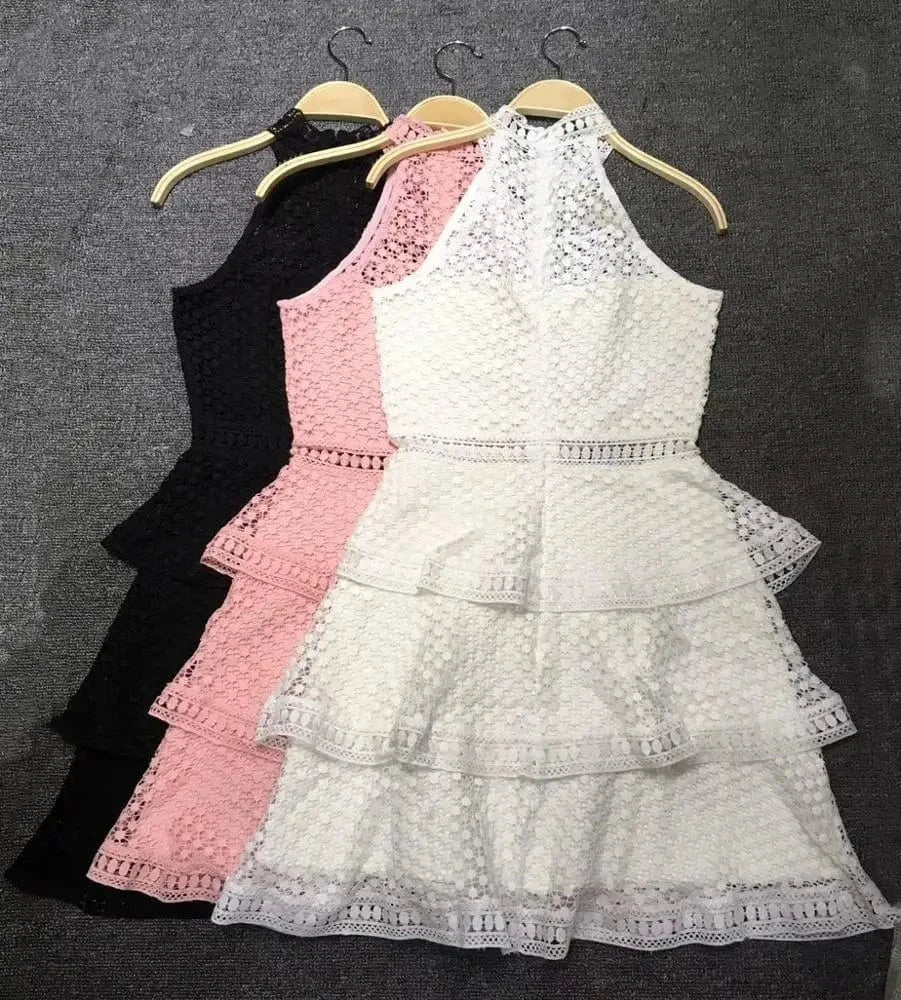 2024 arrivals high quality rayon women party wear sexy sleeveless high neck A-line multi-layer mini lace bandagedress dress