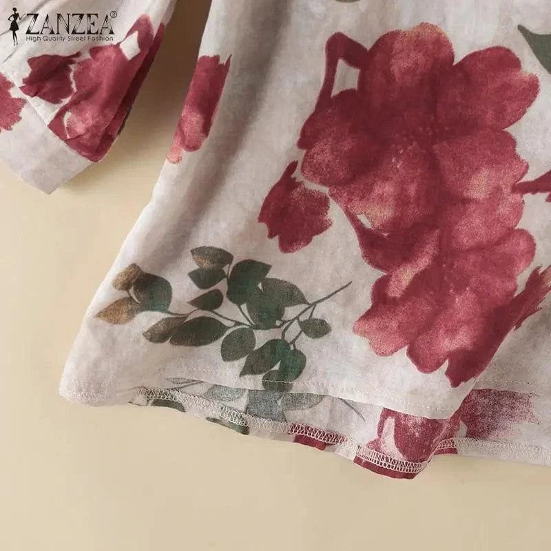 2024 Autumn 3/4 Puff Sleeve Tees ZANZEA Women Round Neck Tops Vintage Ethnic Style T Shirt Holiday Floral Printed Smock Blouse