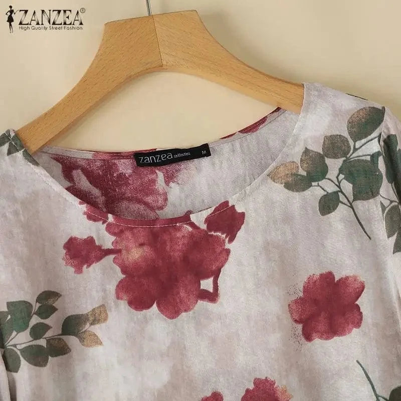 2024 Autumn 3/4 Puff Sleeve Tees ZANZEA Women Round Neck Tops Vintage Ethnic Style T Shirt Holiday Floral Printed Smock Blouse