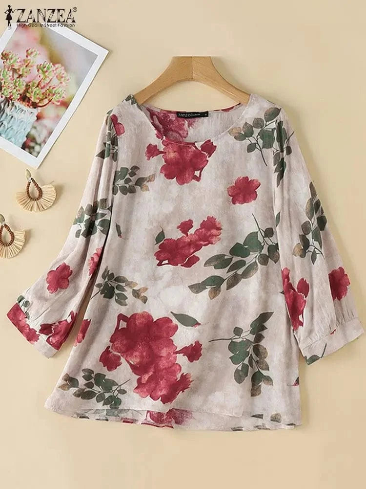 2024 Autumn 3/4 Puff Sleeve Tees ZANZEA Women Round Neck Tops Vintage Ethnic Style T Shirt Holiday Floral Printed Smock Blouse