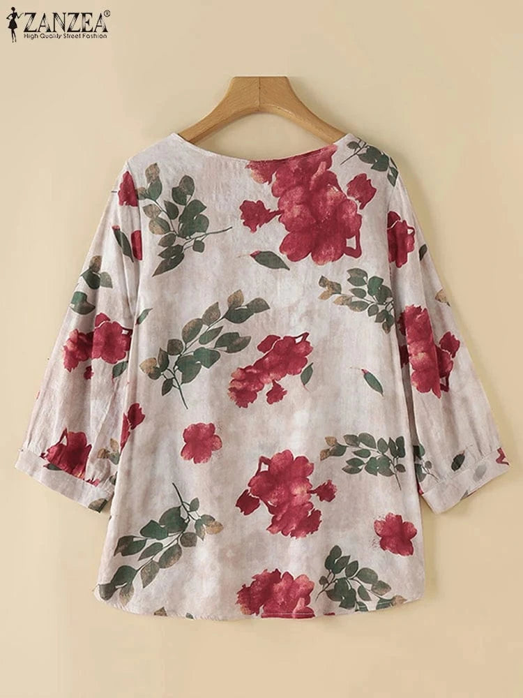 2024 Autumn 3/4 Puff Sleeve Tees ZANZEA Women Round Neck Tops Vintage Ethnic Style T Shirt Holiday Floral Printed Smock Blouse