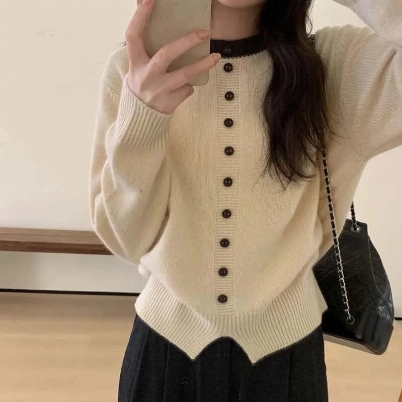 2024 autumn best-selling new arrival crew-neck solid color button design loose long-sleeved fashion women's knitted sweater