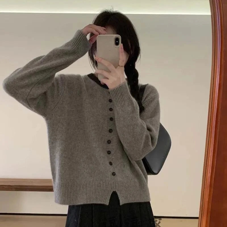 2024 autumn best-selling new arrival crew-neck solid color button design loose long-sleeved fashion women's knitted sweater