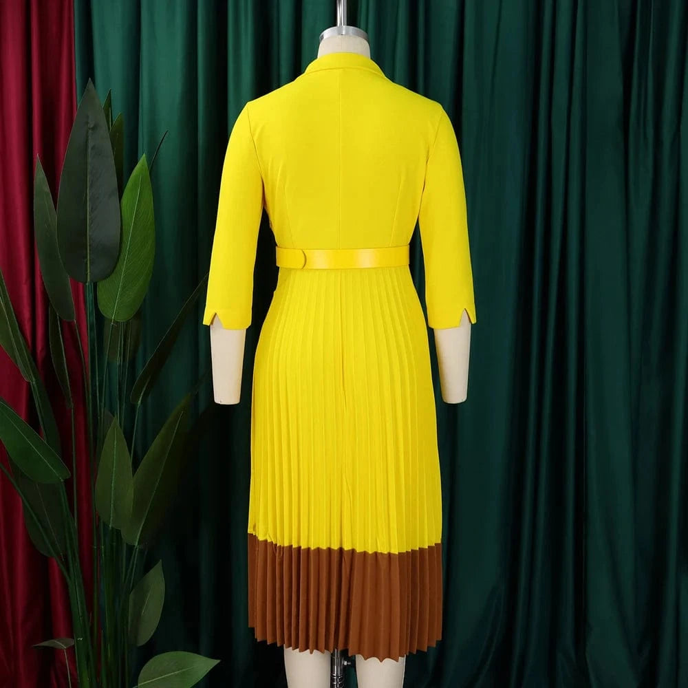 2024 Autumn Fashion Women Elegant Pleated Dress Suit Collar Long Sleeve Belt African Dresses Office Lady Pleat Church Dress