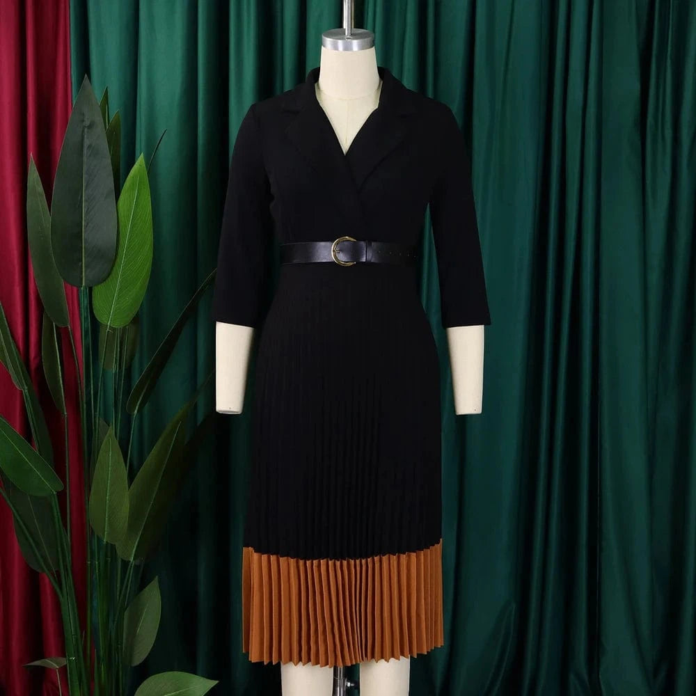 2024 Autumn Fashion Women Elegant Pleated Dress Suit Collar Long Sleeve Belt African Dresses Office Lady Pleat Church Dress