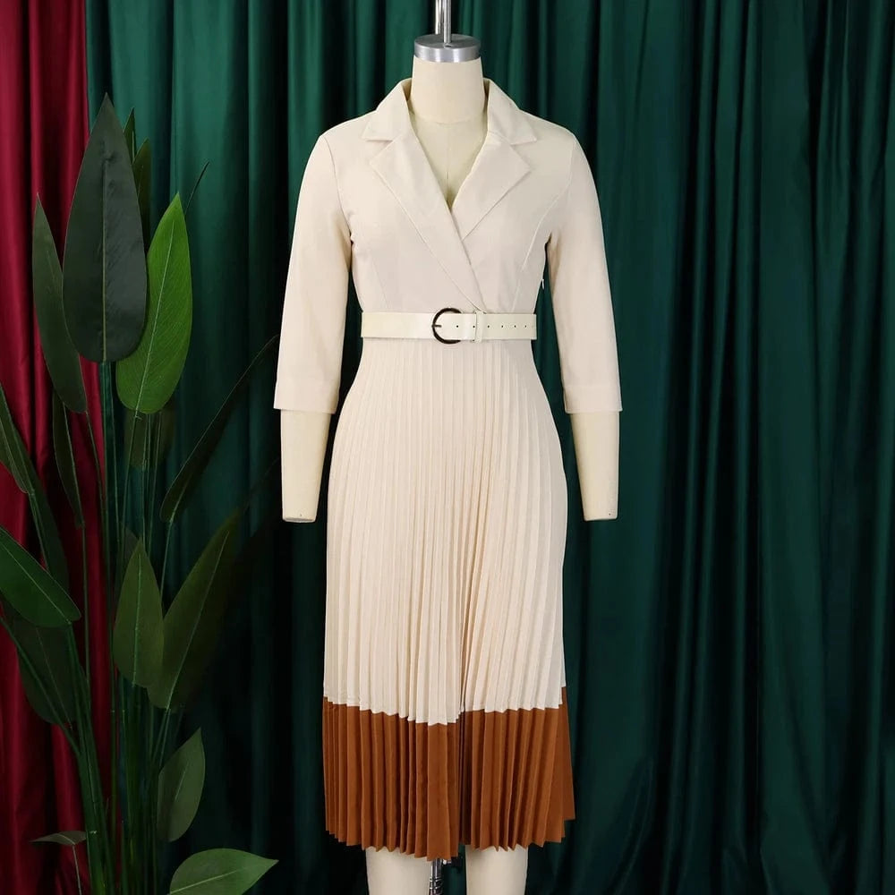 2024 Autumn Fashion Women Elegant Pleated Dress Suit Collar Long Sleeve Belt African Dresses Office Lady Pleat Church Dress
