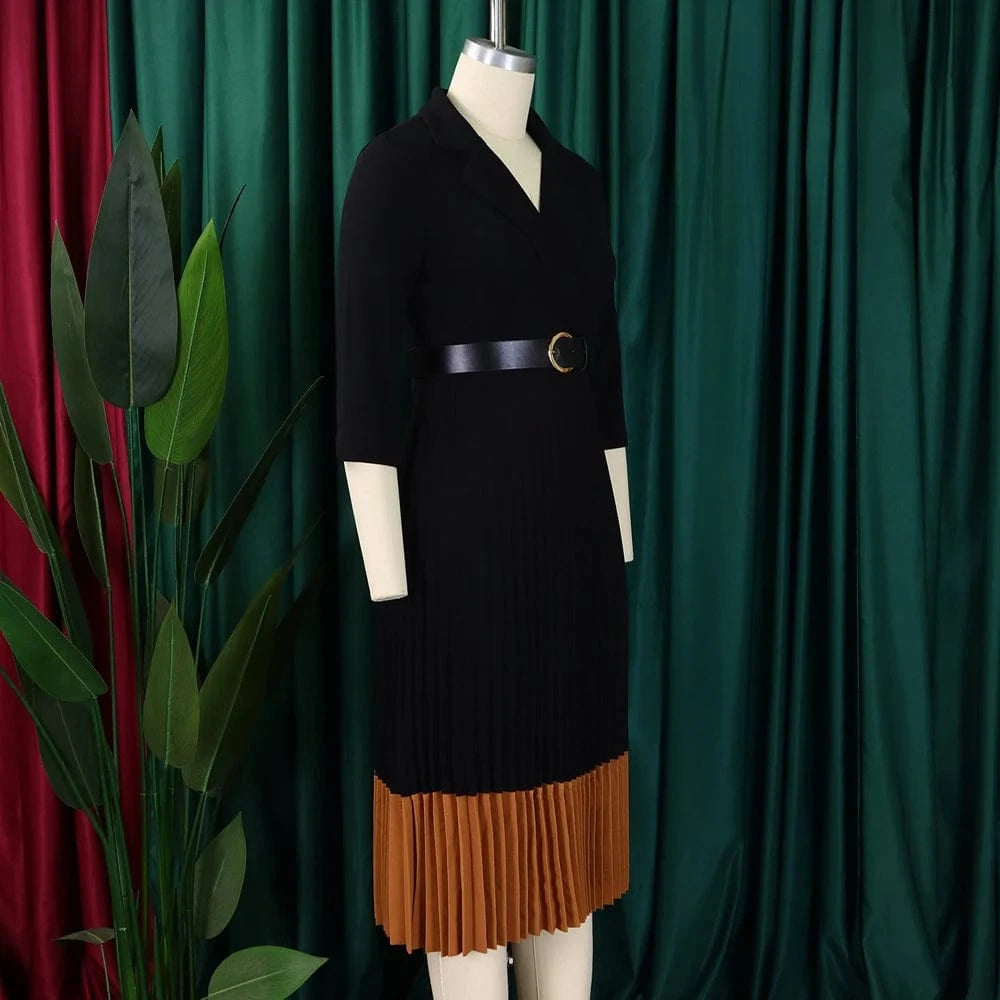 2024 Autumn Fashion Women Elegant Pleated Dress Suit Collar Long Sleeve Belt African Dresses Office Lady Pleat Church Dress