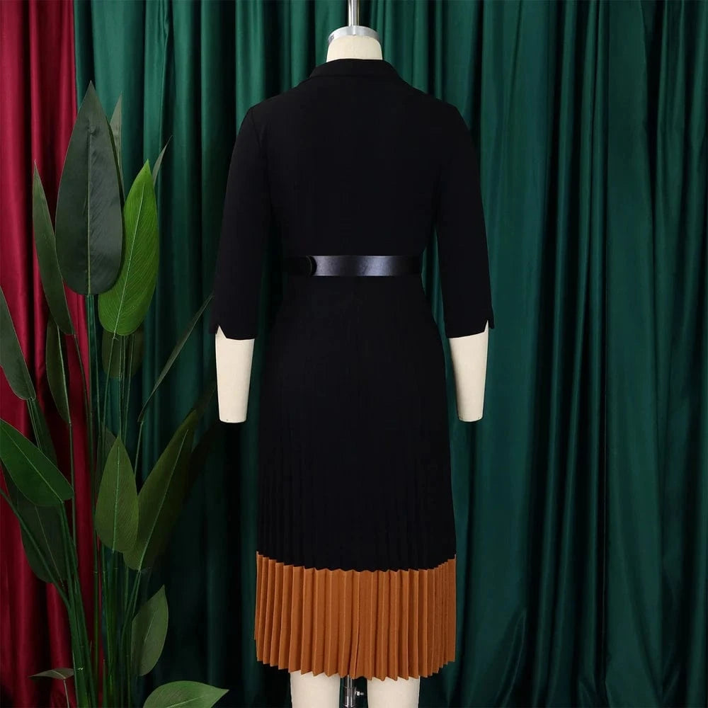 2024 Autumn Fashion Women Elegant Pleated Dress Suit Collar Long Sleeve Belt African Dresses Office Lady Pleat Church Dress
