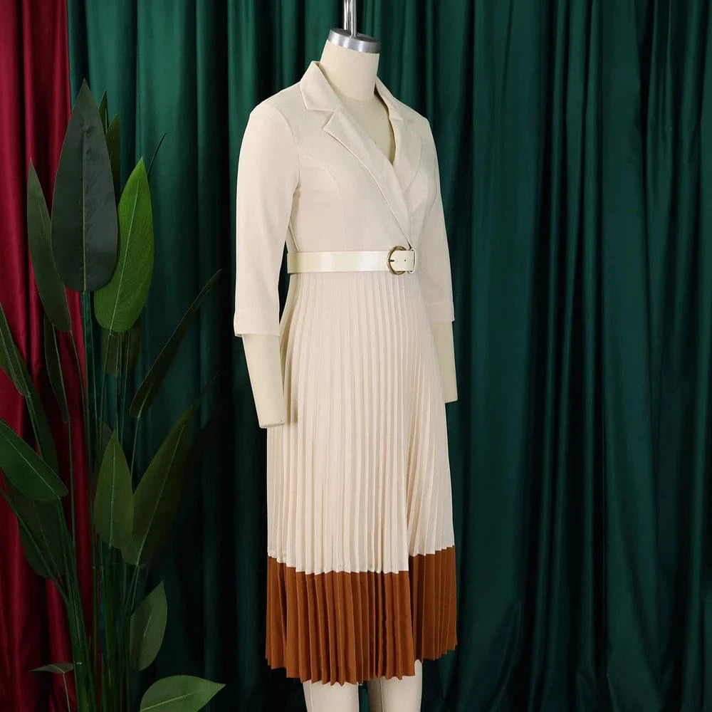 2024 Autumn Fashion Women Elegant Pleated Dress Suit Collar Long Sleeve Belt African Dresses Office Lady Pleat Church Dress