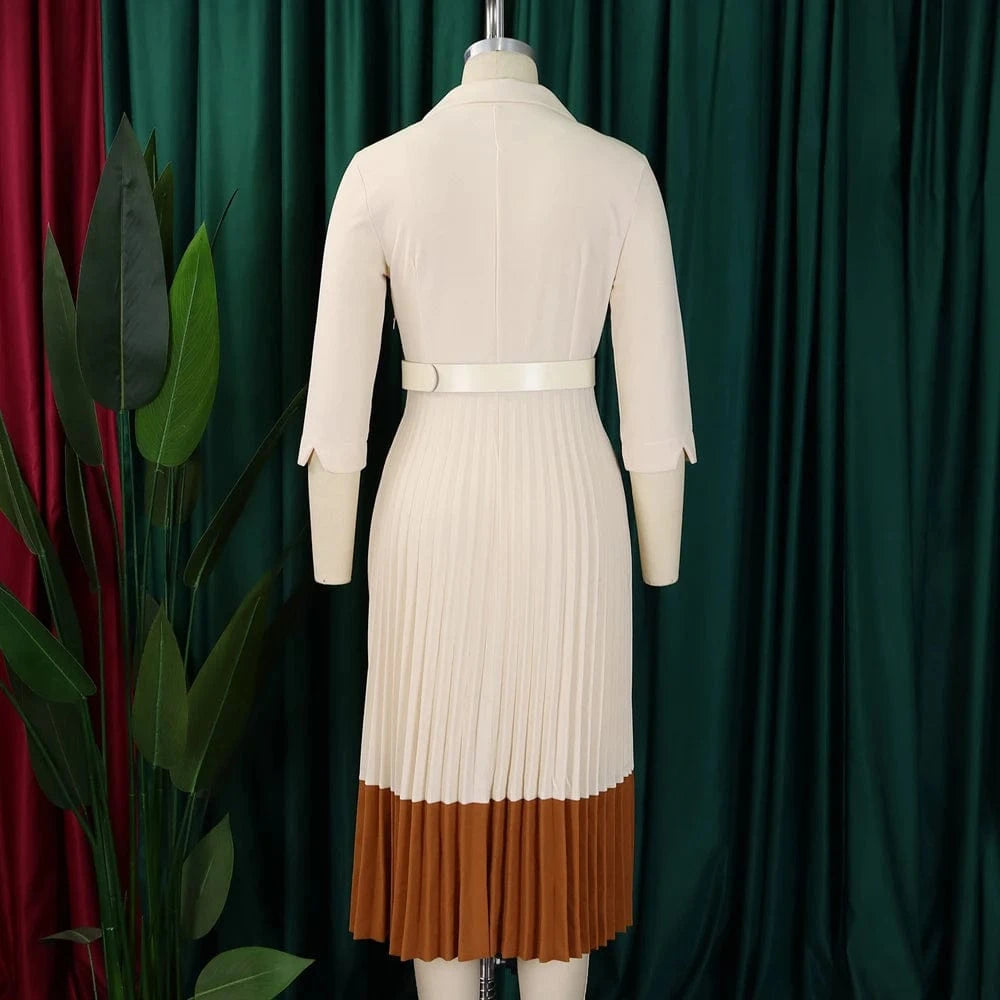 2024 Autumn Fashion Women Elegant Pleated Dress Suit Collar Long Sleeve Belt African Dresses Office Lady Pleat Church Dress