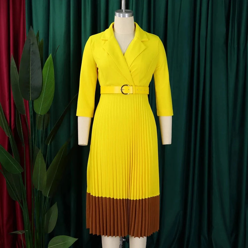 2024 Autumn Fashion Women Elegant Pleated Dress Suit Collar Long Sleeve Belt African Dresses Office Lady Pleat Church Dress