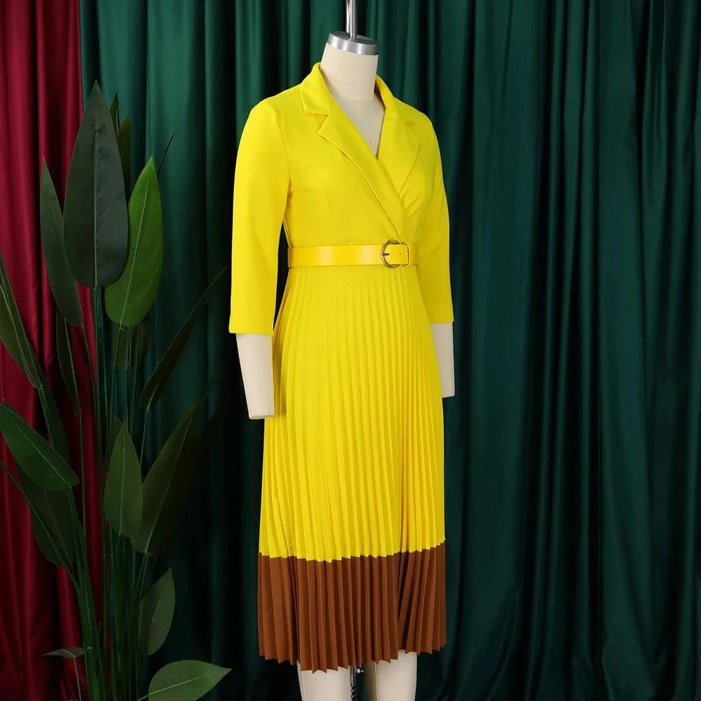 2024 Autumn Fashion Women Elegant Pleated Dress Suit Collar Long Sleeve Belt African Dresses Office Lady Pleat Church Dress