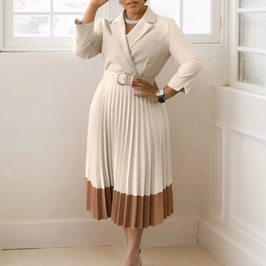 2024 Autumn Fashion Women Elegant Pleated Dress Suit Collar Long Sleeve Belt African Dresses Office Lady Pleat Church Dress