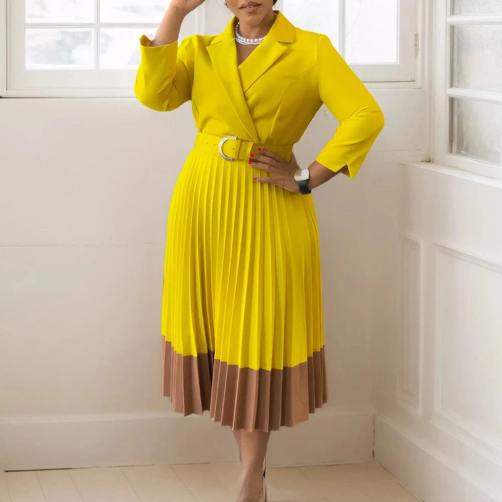 2024 Autumn Fashion Women Elegant Pleated Dress Suit Collar Long Sleeve Belt African Dresses Office Lady Pleat Church Dress