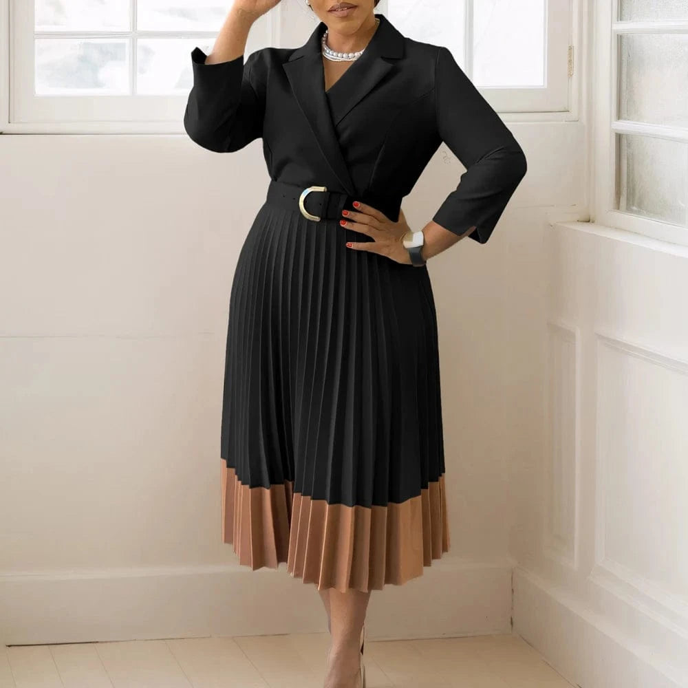 2024 Autumn Fashion Women Elegant Pleated Dress Suit Collar Long Sleeve Belt African Dresses Office Lady Pleat Church Dress